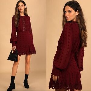 Lulus | Lust or Love Wine Red Embroidered Lace Long Sleeve Dress